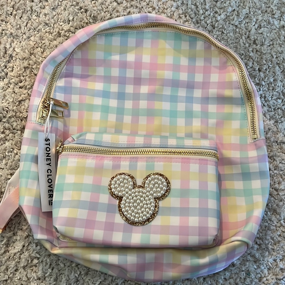 Stoney Clover Lane rainbow gingham backpack with Pearl Mickey patch